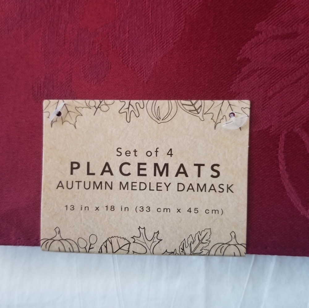 Autumn Medley Damask Placemats in Wine Bundle of 4 New